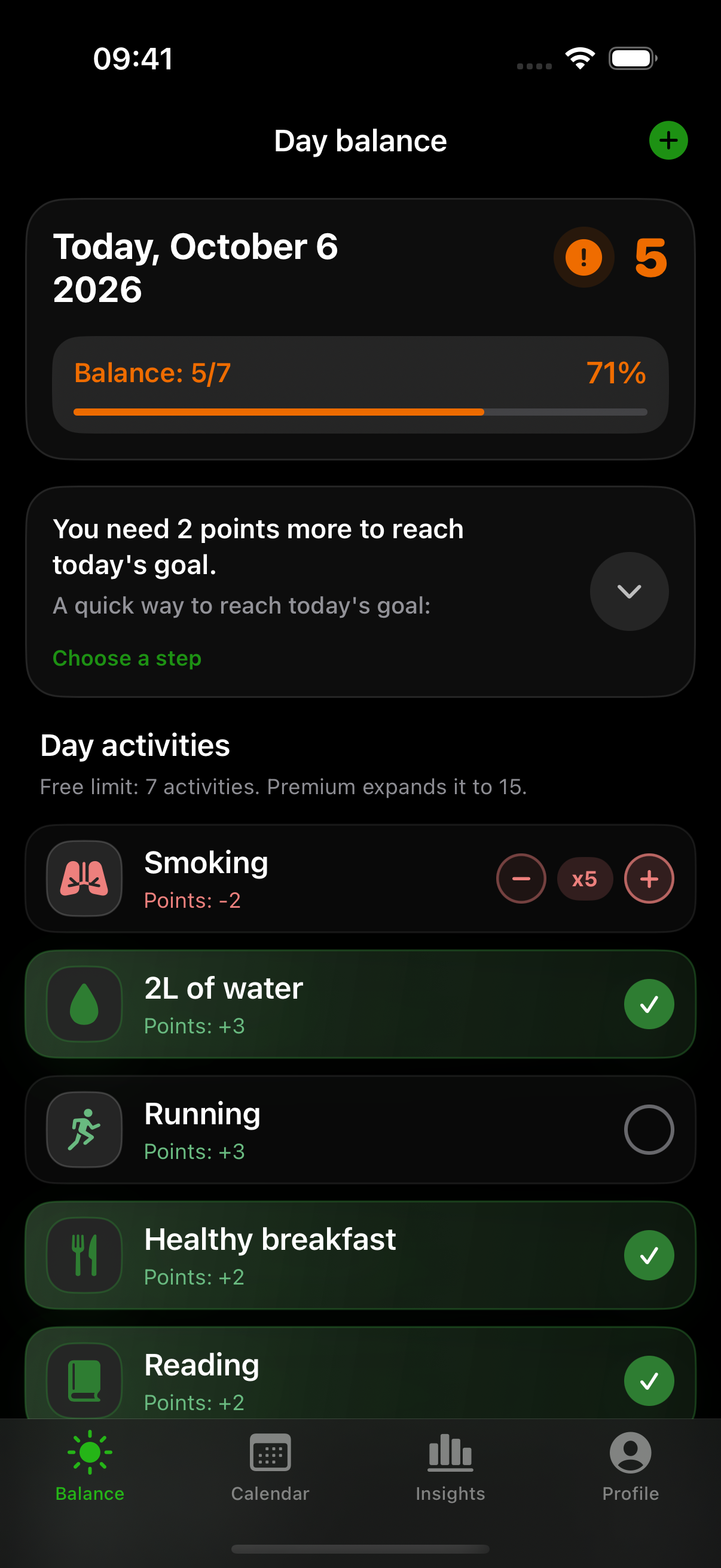 Thriveo day balance and activity list